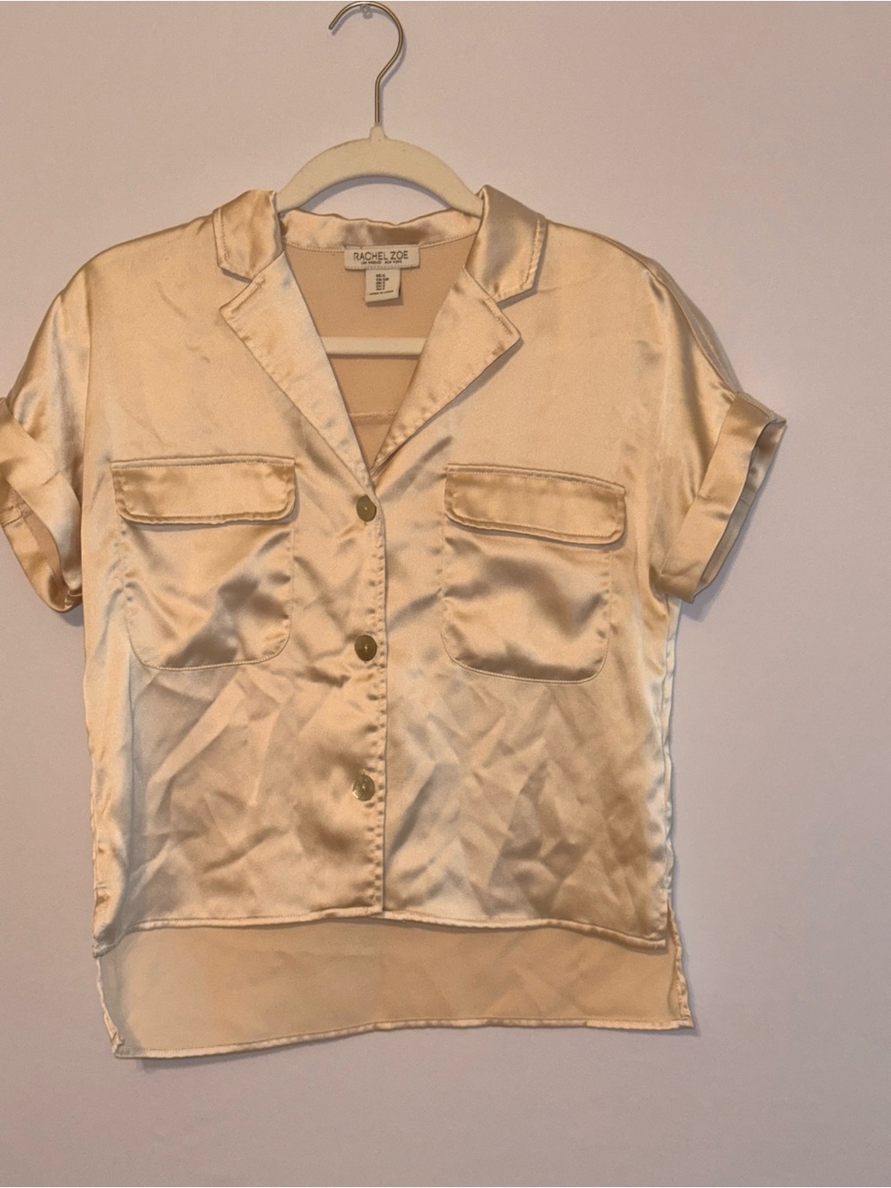 Rachel Zoe Pale Cream Satin Short Sleeve Button-Down Shirt
